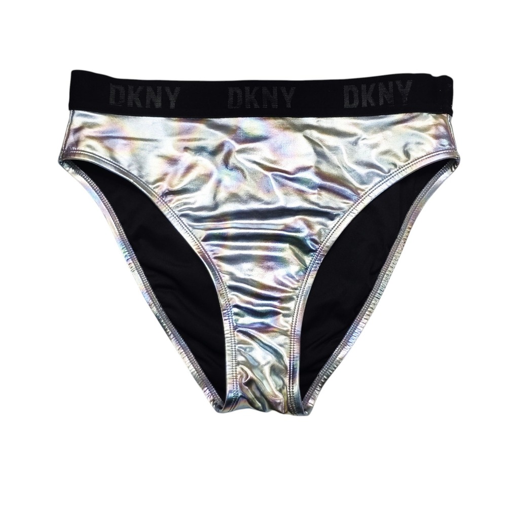 DKNY Womens Silver Holographic Metallic High Waist Bikini Bottoms DI2BO346 XS